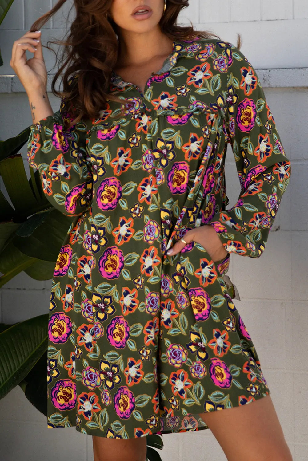 Floral Print Split Neck Bubble Sleeve Mini Dress