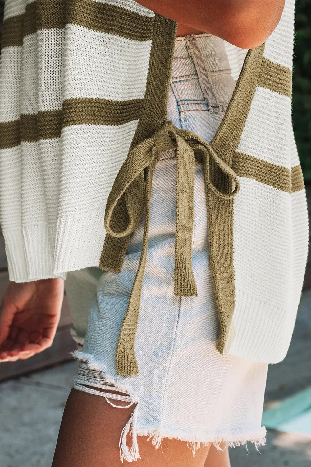 Sweaters Love Salve Khaki Stripe Sweater Women's Daily Knit Top Open Side Casual