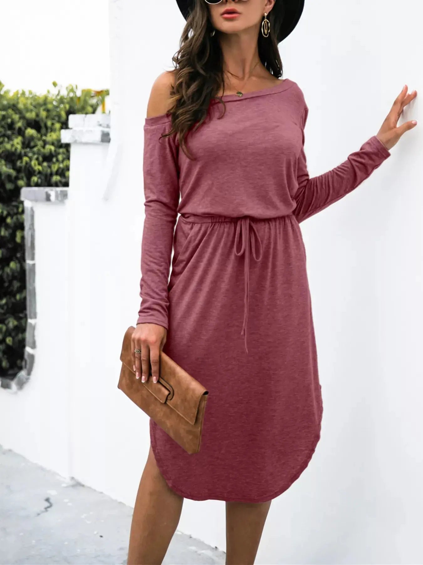 One Shoulder Long Sleeve Midi Dress with Drawstring Waist