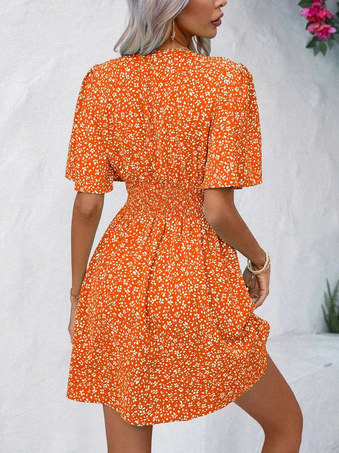 Printed V-Neck Half Sleeve Mini Dress