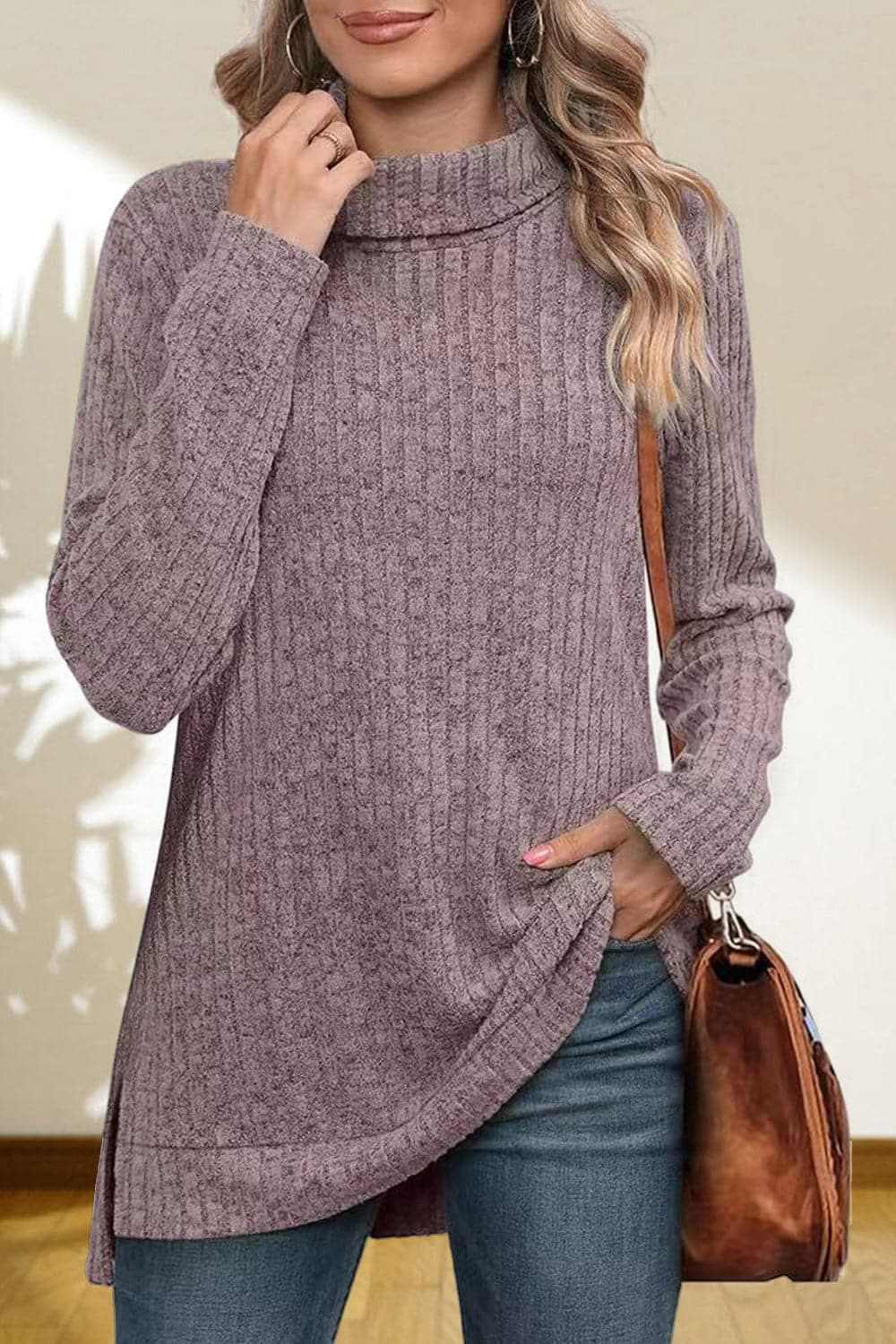 Cerise Turtleneck Sweater by Trendsi – Quality High-Low Hem Style