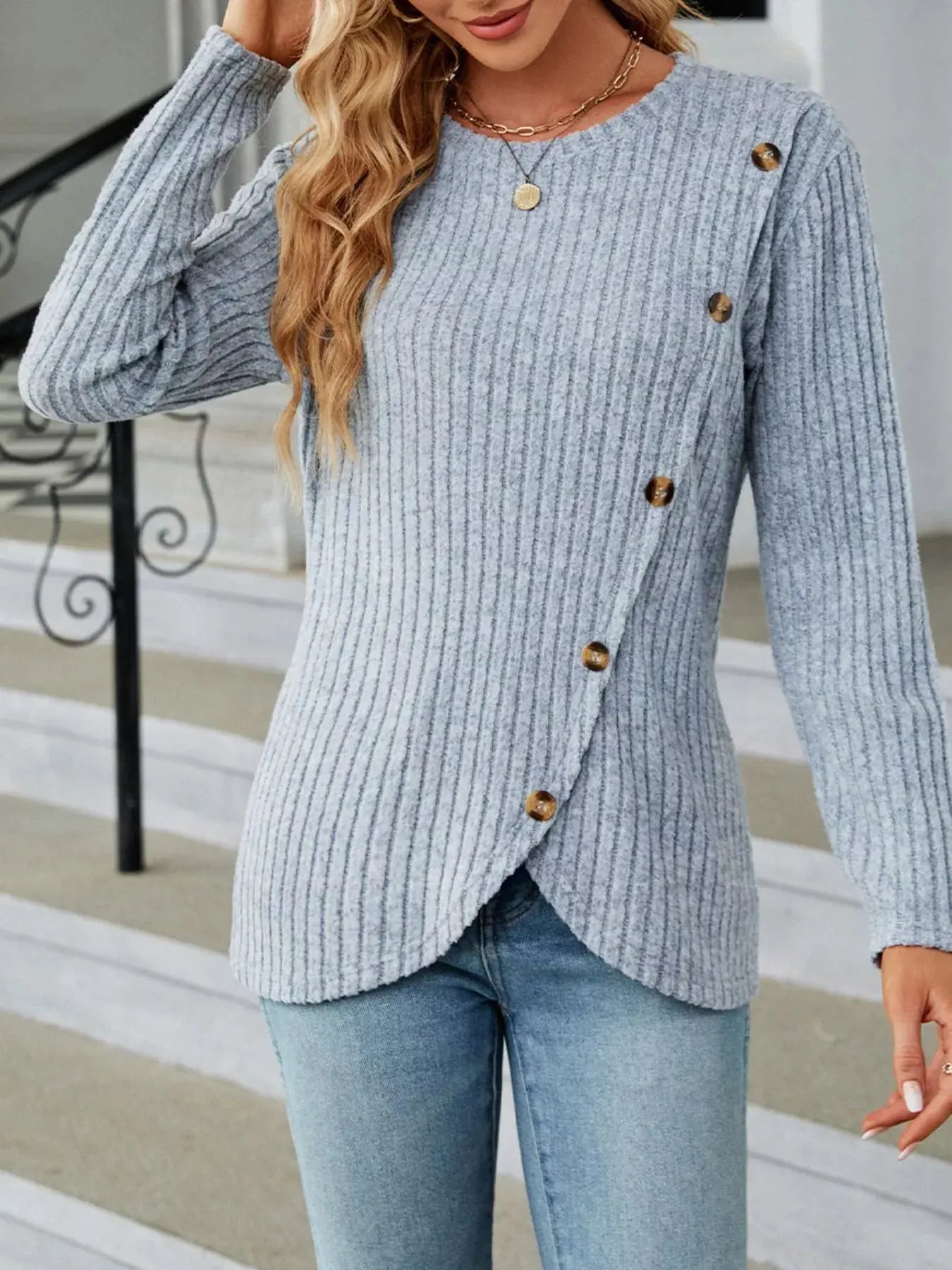 Decorative Button Ribbed Knit T Shirt