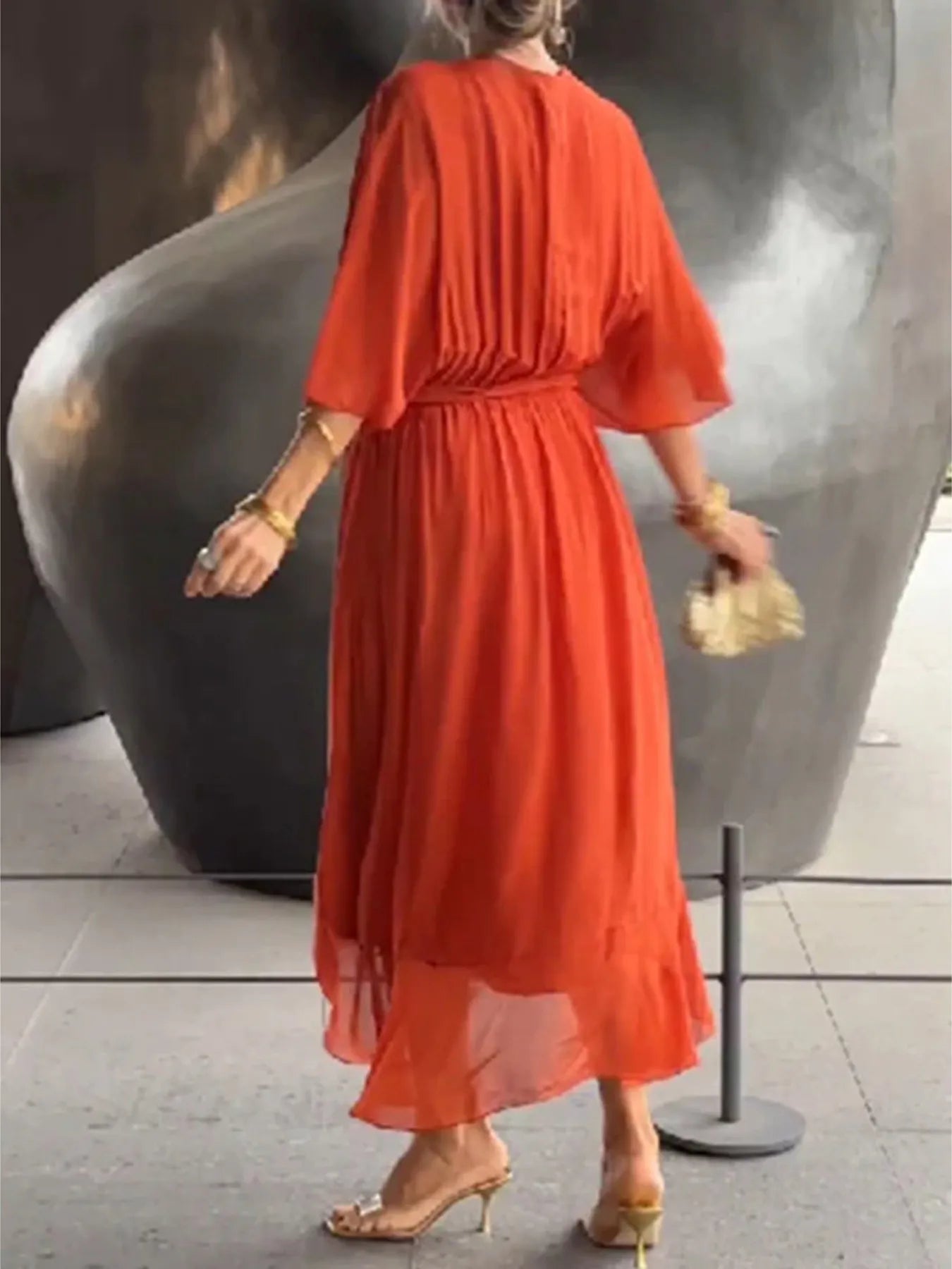 Flowy Tie Front Midi Dress with Flutter Sleeves