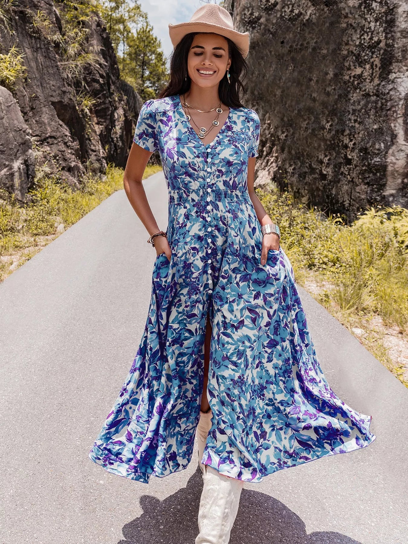 Floral Print Slit Front V Neck Midi Dress