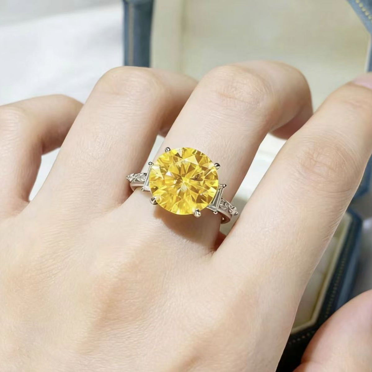Yellow Round Cut 5 Carat Moissanite Ring 925 Sterling Silver