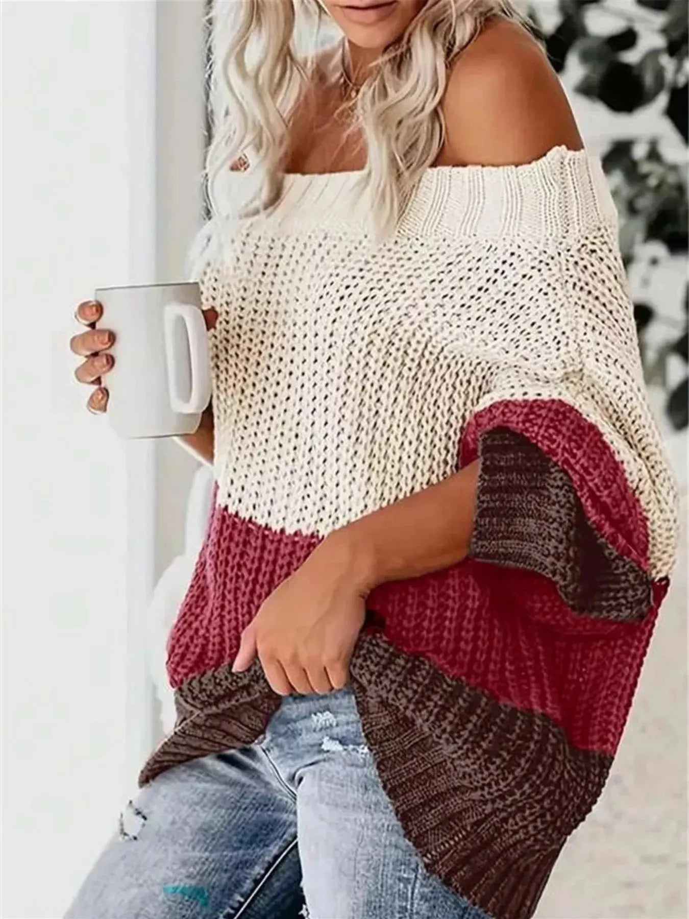 Color Block Off Shoulder Sweater