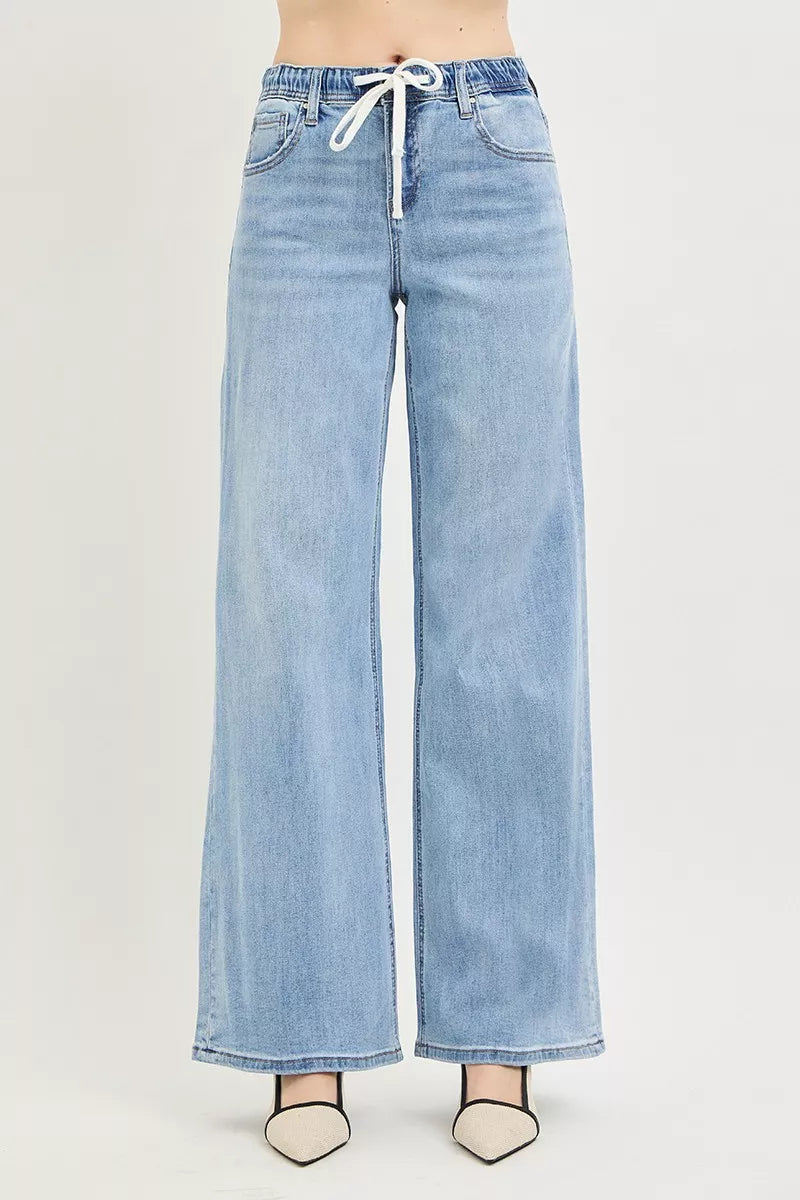 RISEN Elastic Band Slouchy Wide Leg Jeans with Drawstring