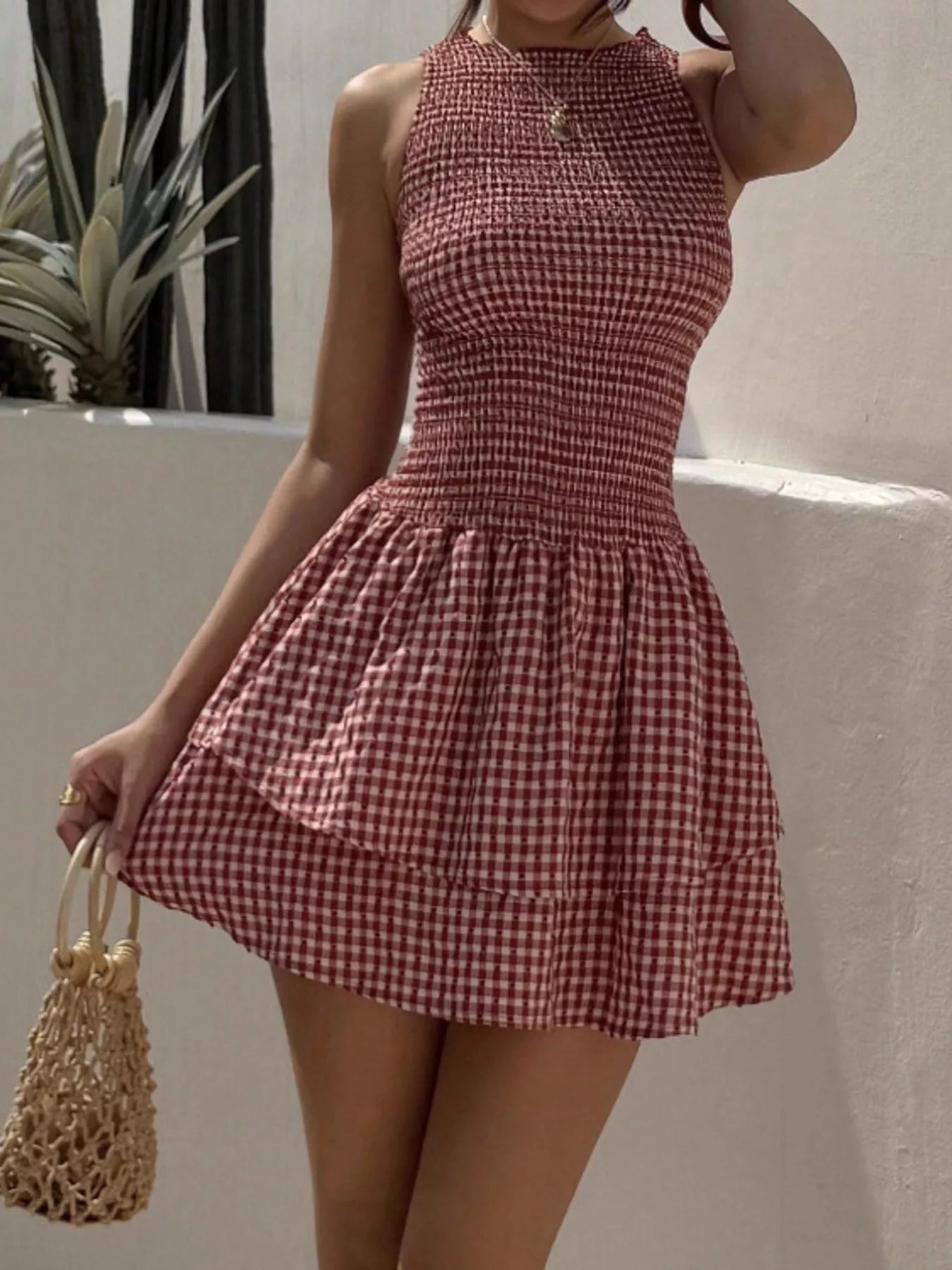 Smocked Gingham Mini Dress