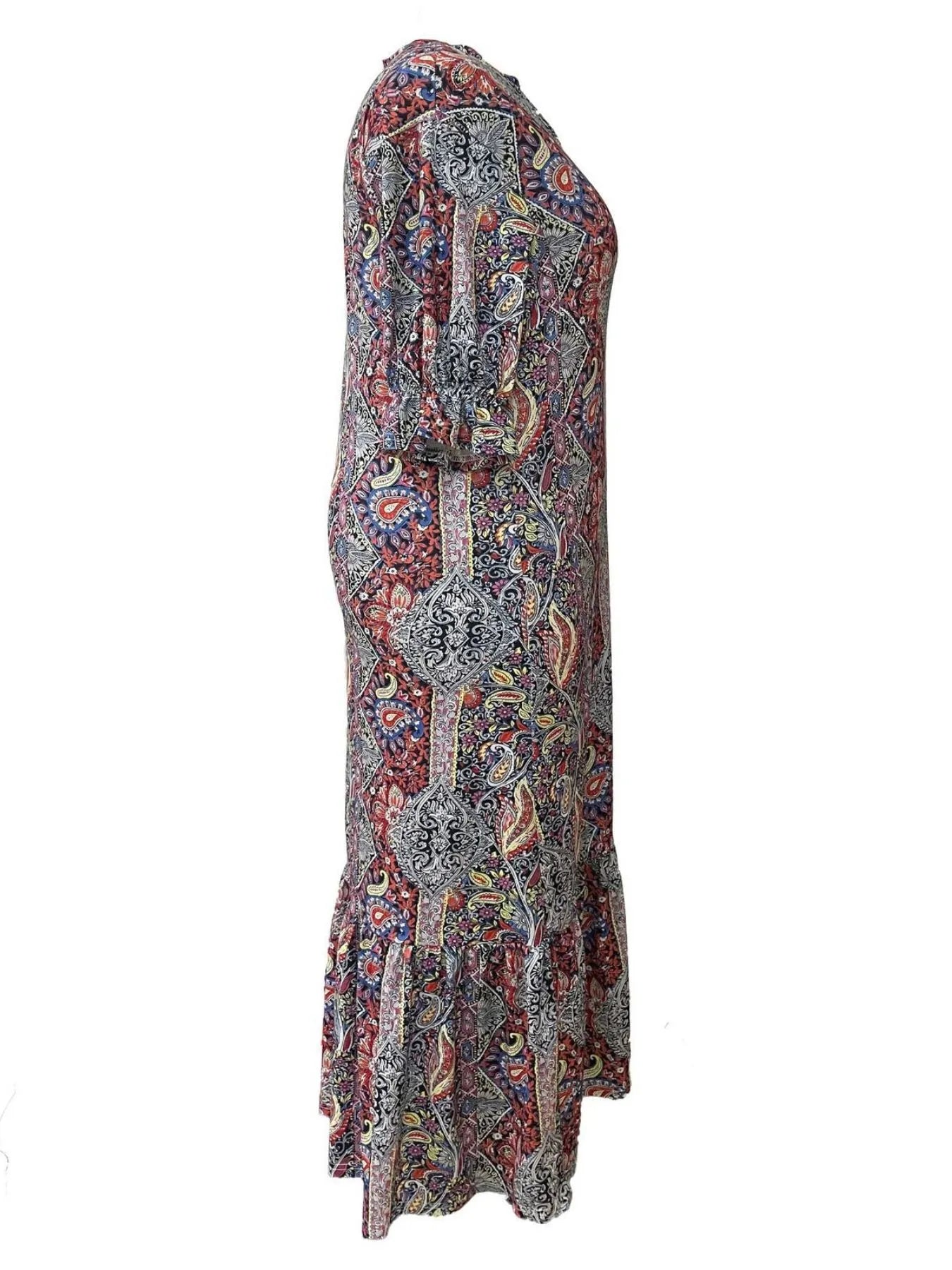 Bohemian Paisley Print Ruffle Hem Midi Dress