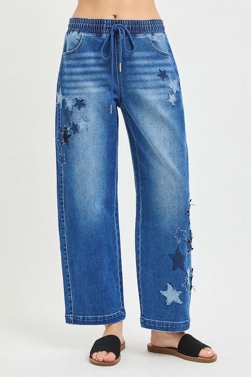 RISEN Elastic Band Slouchy Cropped Barrel Jeans with Star Patch