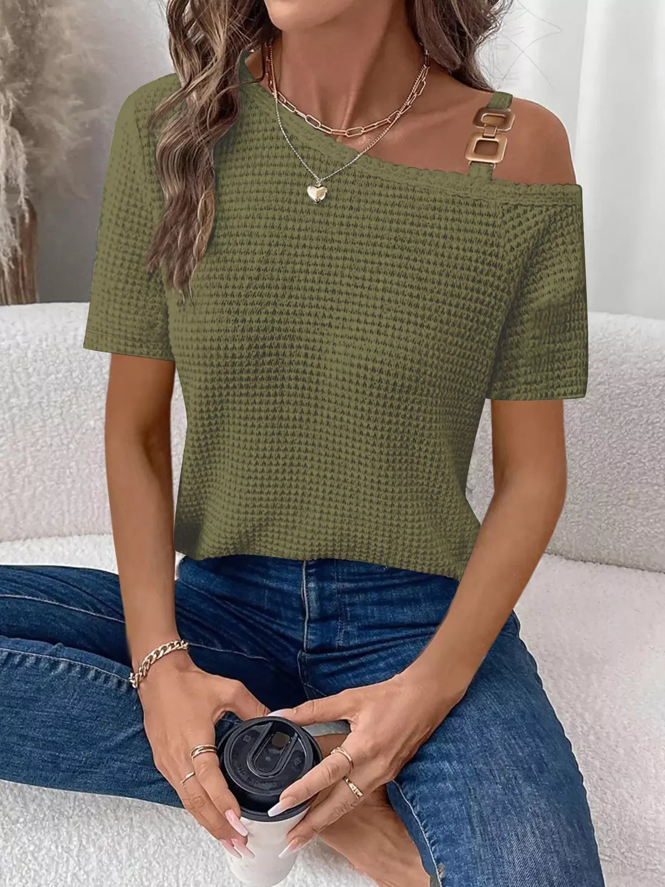 Chain Detail Waffle Knit One Shoulder T Shirt