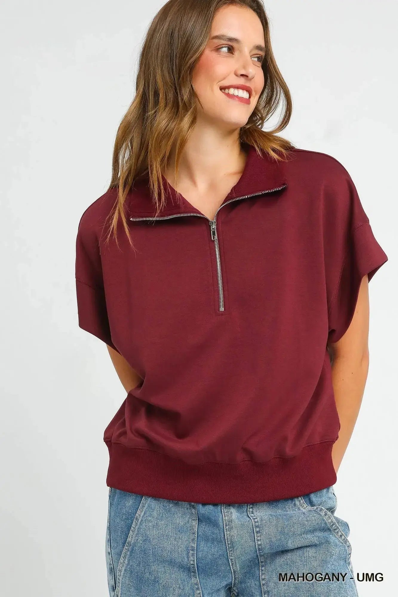Umgee Plus Size Half-Zip Short Sleeve Top