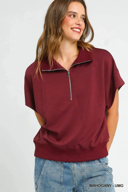 Umgee Plus Size Half-Zip Short Sleeve Top