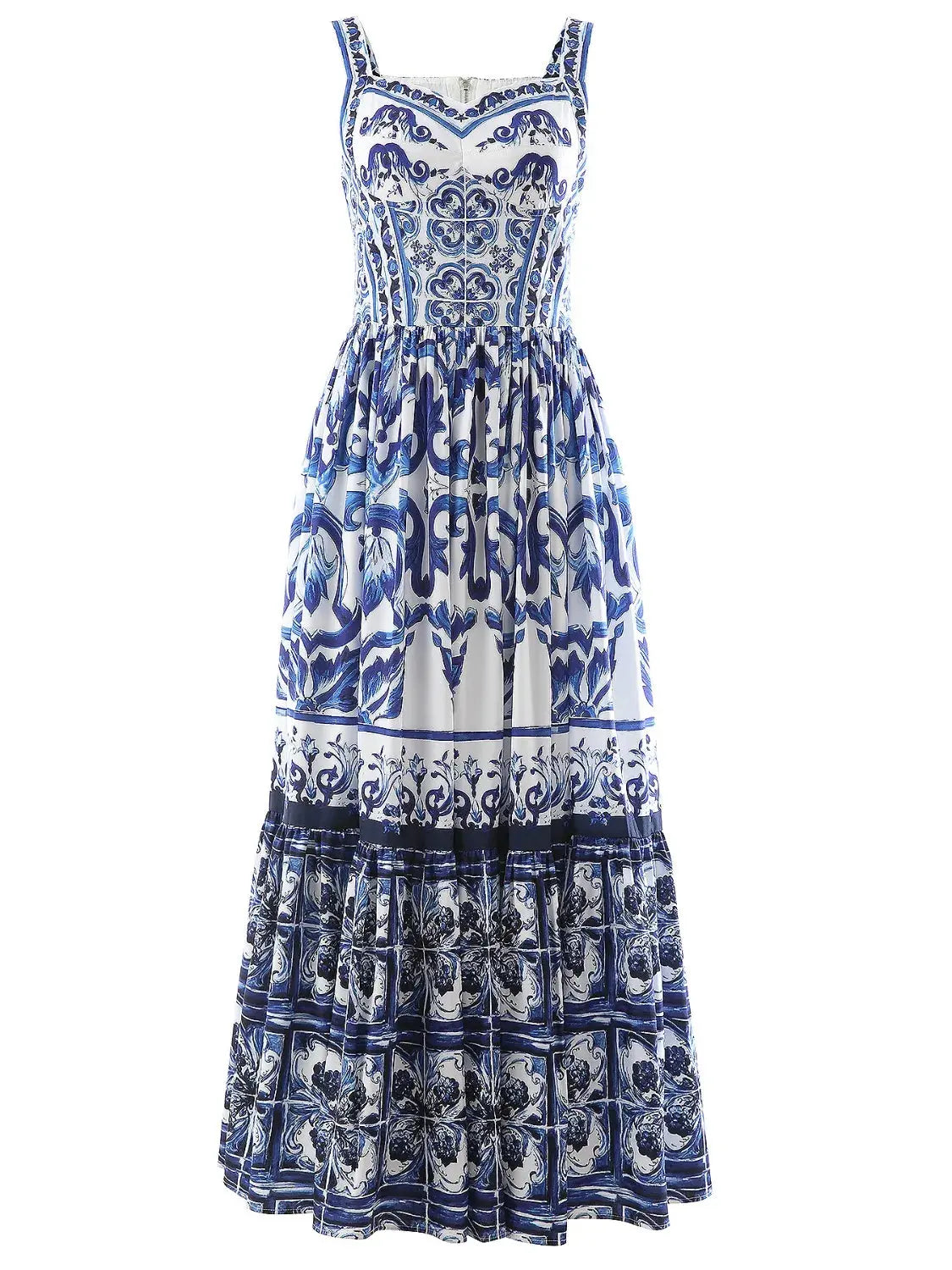 Smocked Blue Tile Print Wide Strap Midi Dress