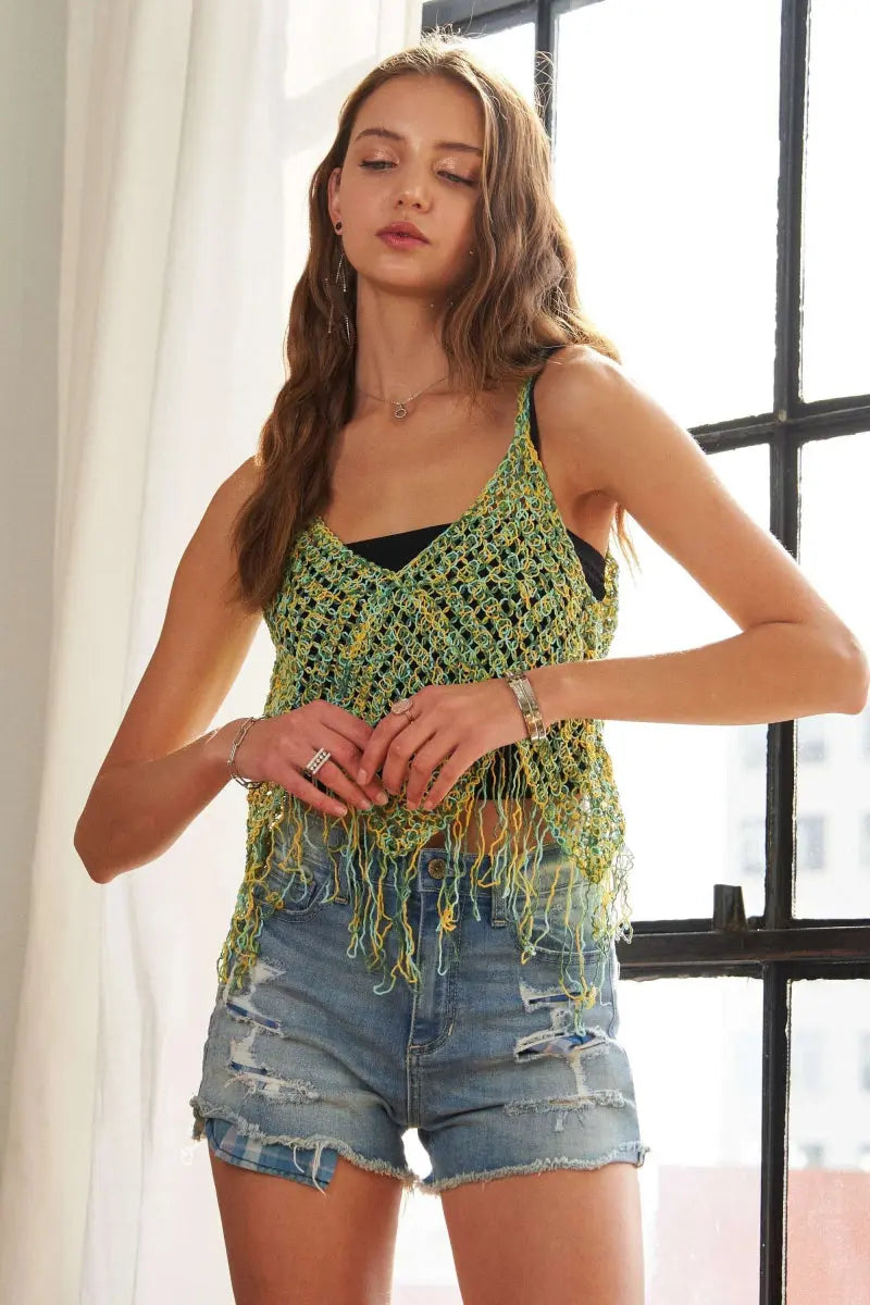 T-Shirts Trendsi ADORA Crochet Tank Top with Fringe Hem, Bohemian Style, Women's Apparel & Accessories