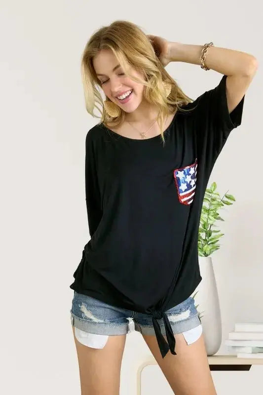 Women's Sequin Top by Trendsi - Patriotic Flag Pockets