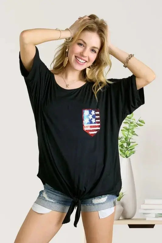 Women's Sequin Top by Trendsi - Patriotic Flag Pockets