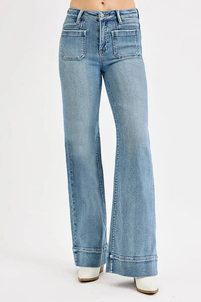 High Waist Wide Flare Patch Pocket RISEN Jeans – Full Size