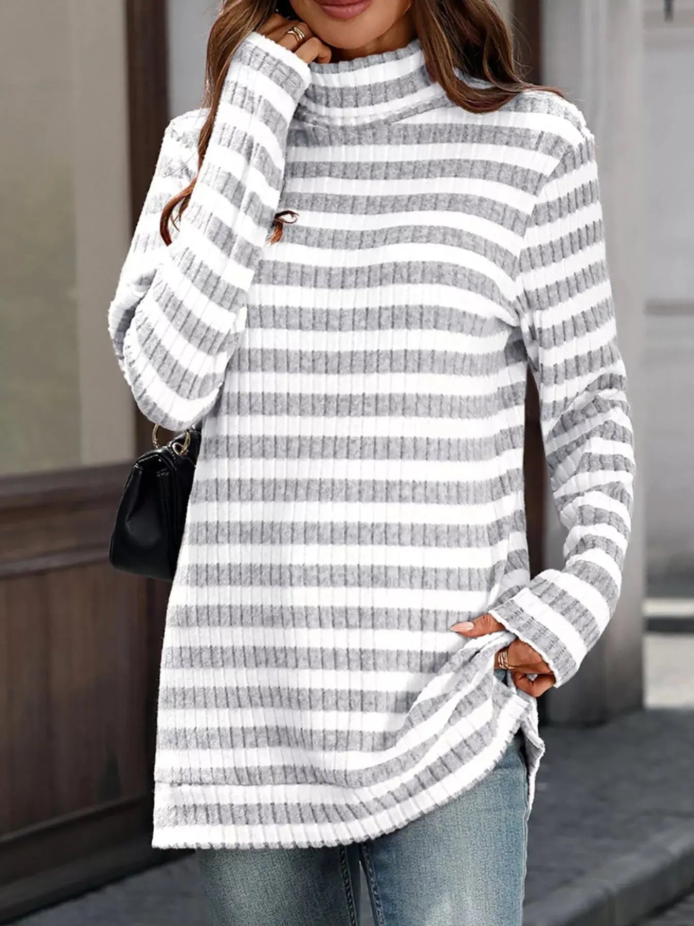 Striped Turtleneck Long Sleeve Knit Top