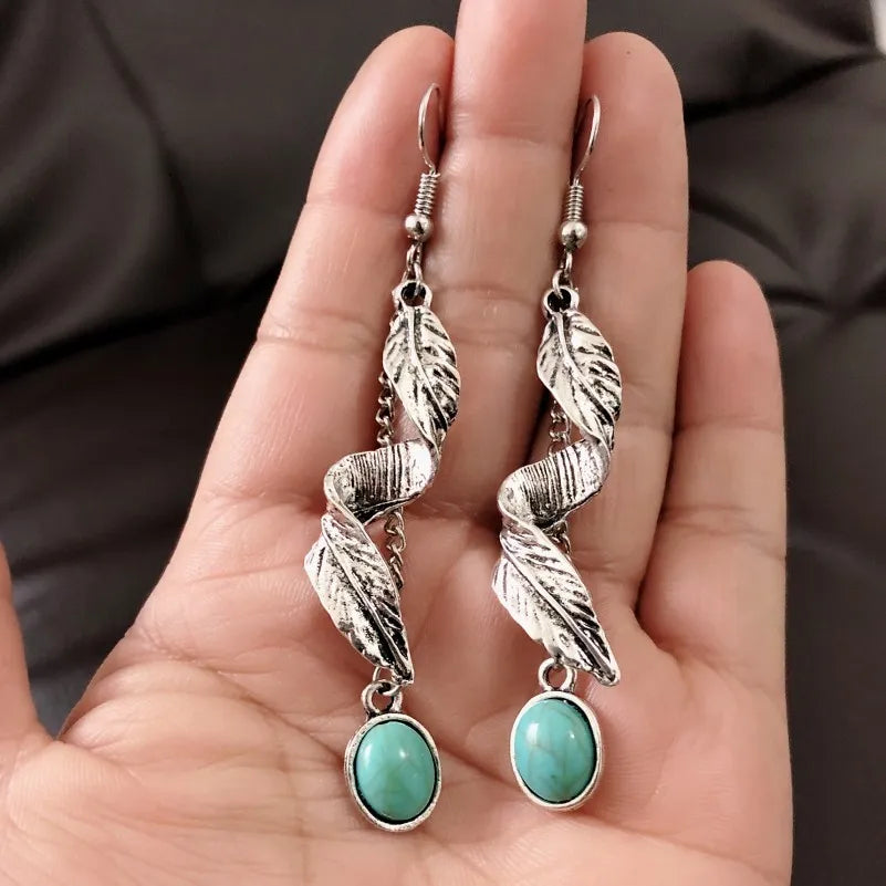 Artificial Turquoise Alloy Leaf Earrings
