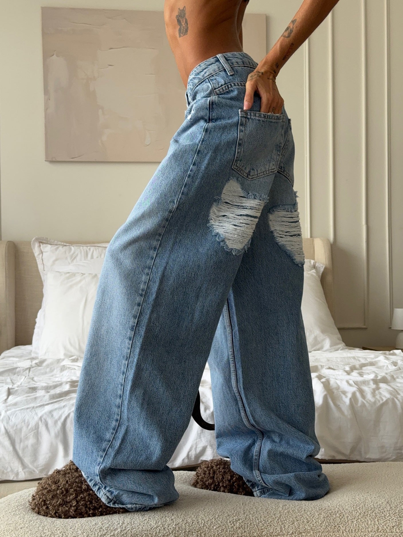 Distressed Washed Wide Leg Denim Jeans