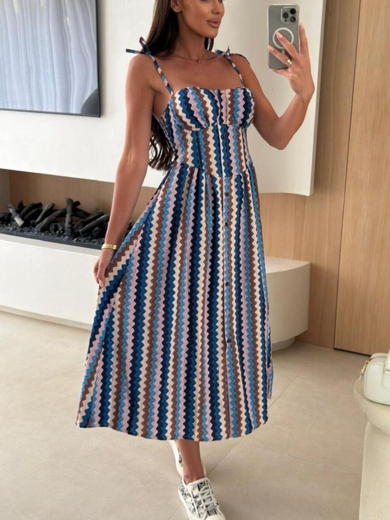 Striped Tie Shoulder Midi Dress