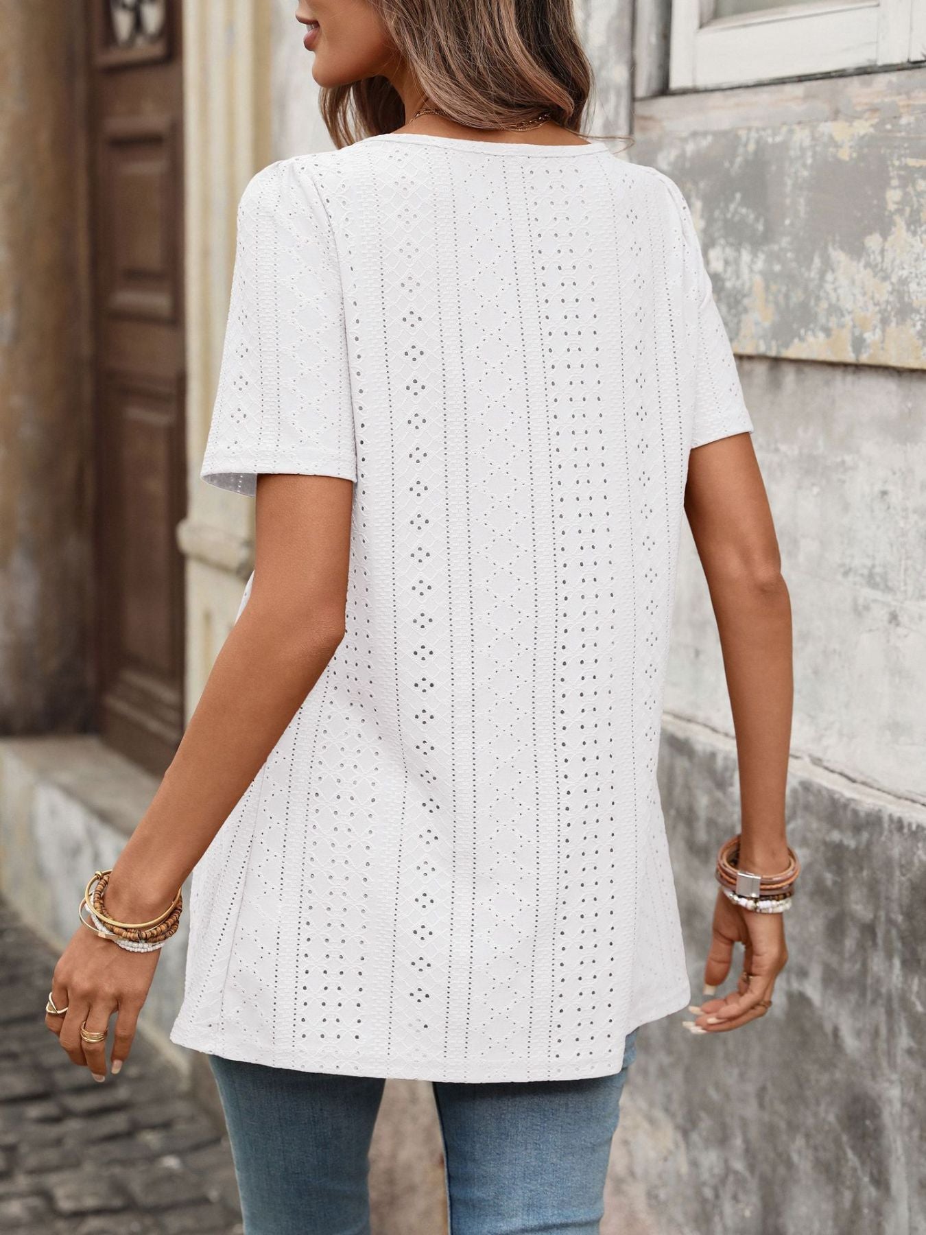 Women's Eyelet Square Neck Babydoll Short Sleeve Top