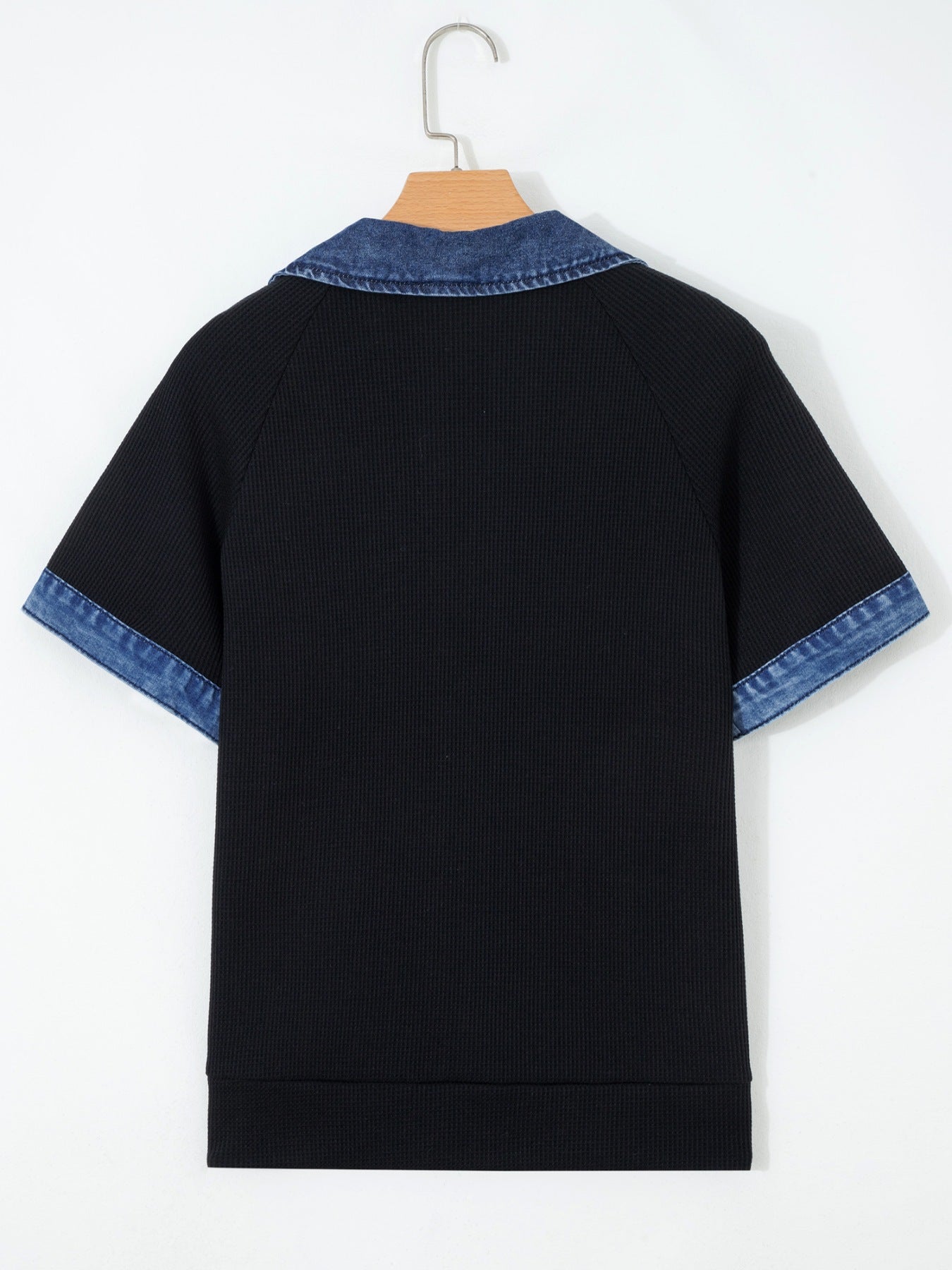 Women's Button Detail Collared Denim Trim Top