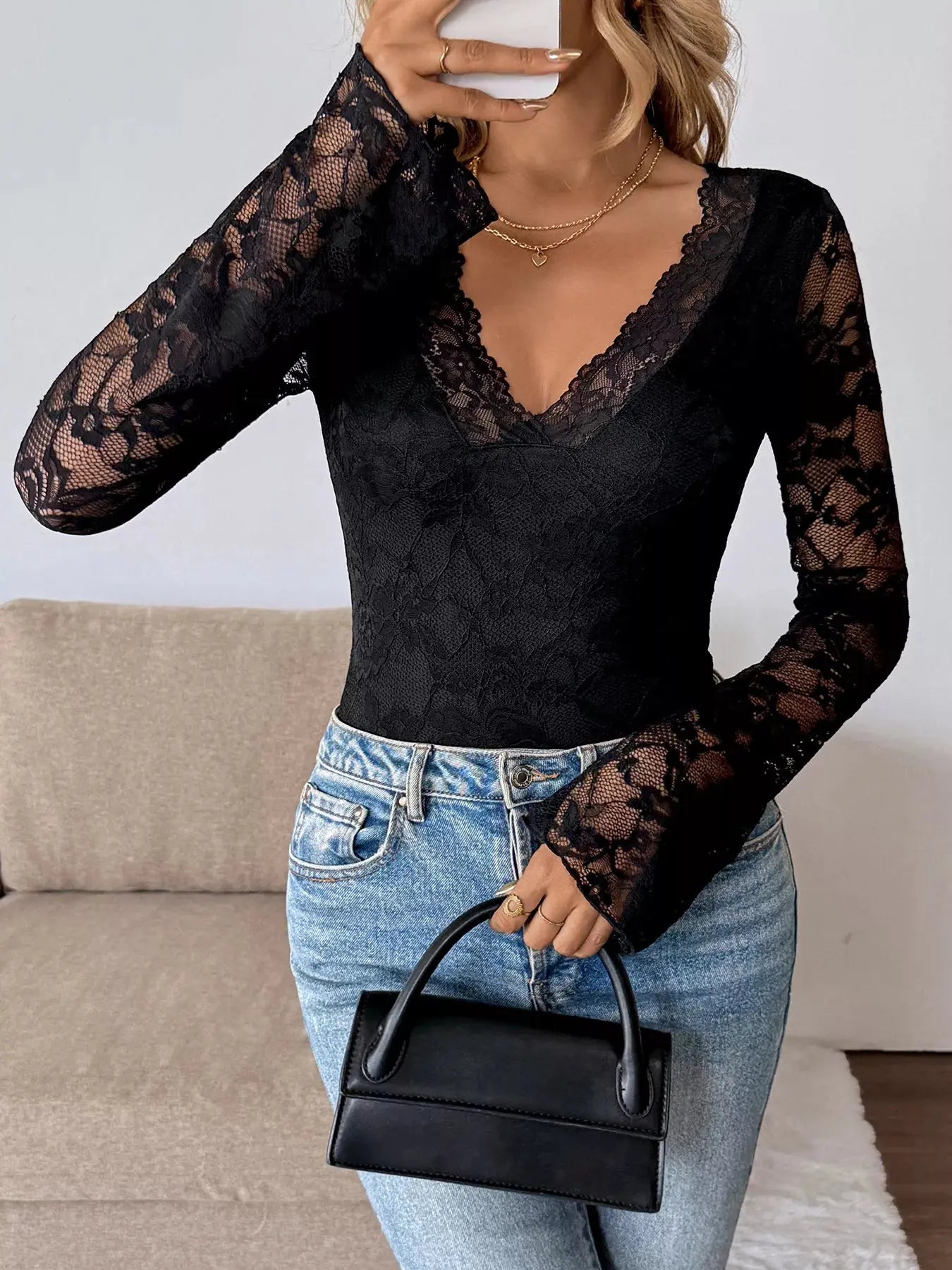 Lace V Neck Long Sleeve T Shirt