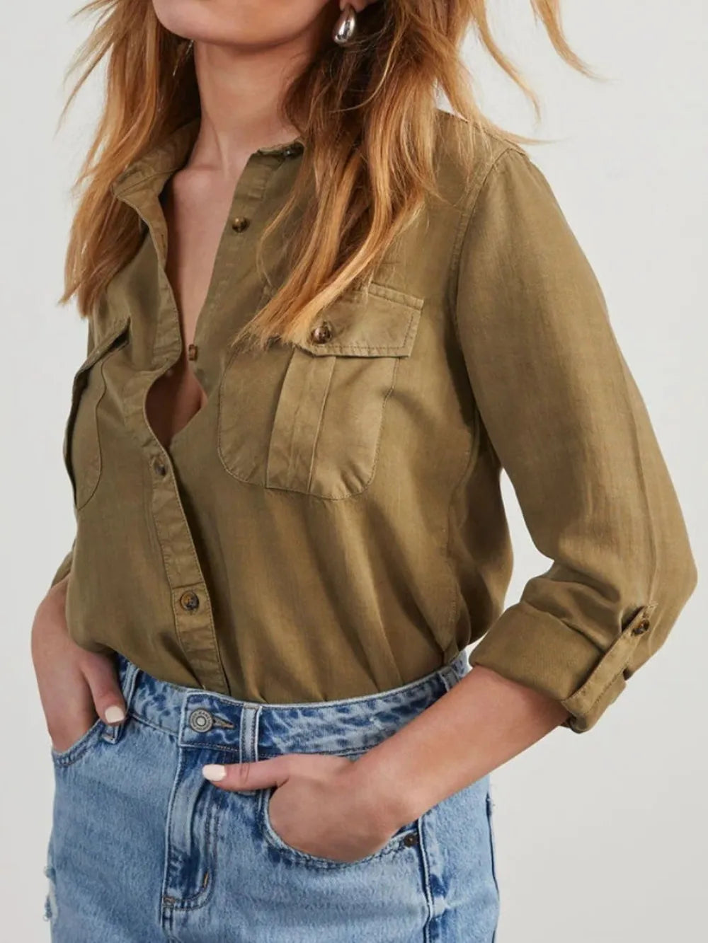 Collared Neck Roll-Tab Sleeve Womens Denim Shirt