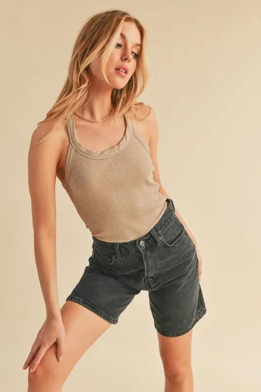 T-Shirts Trendsi Aemi + Co Scoop Neck Ribbed Tank Oatmeal S