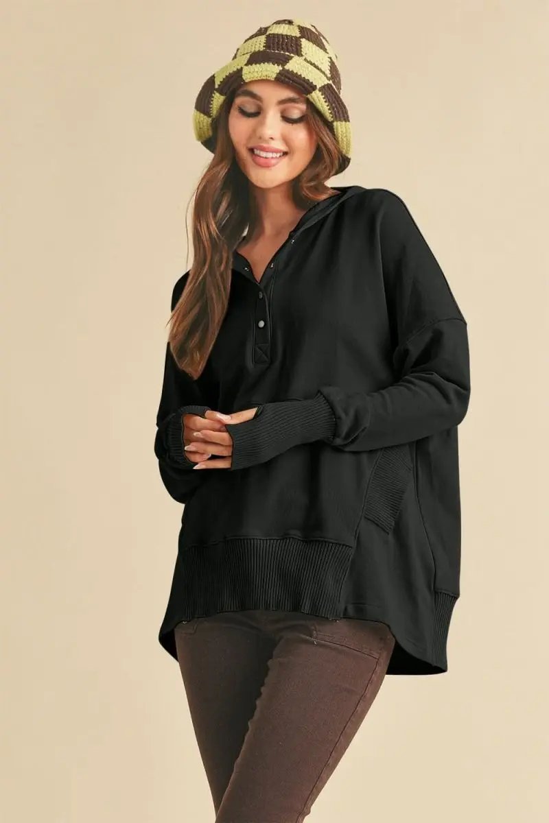 Hoodie - Half Snap Dropped Shoulder - Relaxed Fit