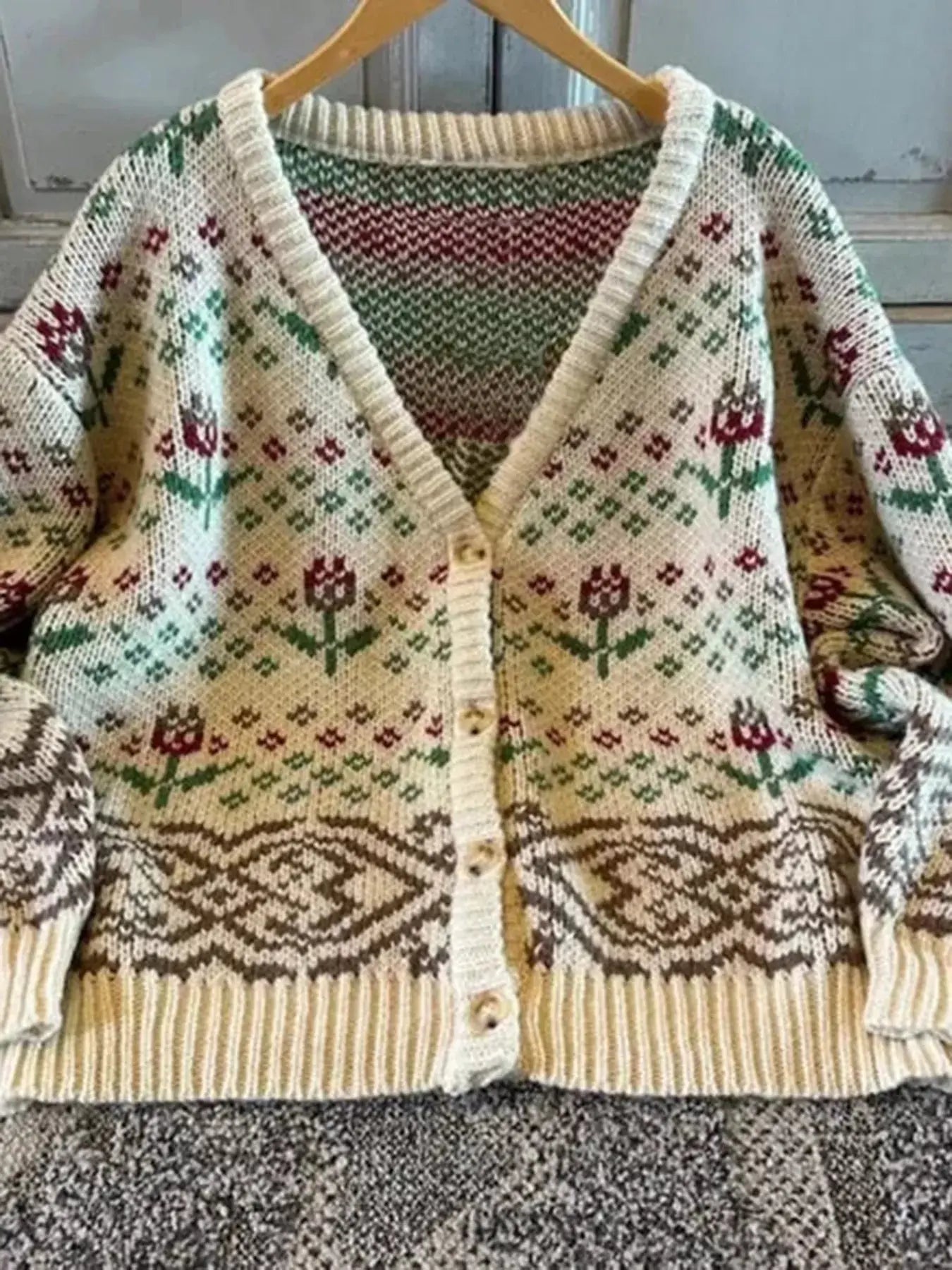 Cozy Vintage Floral Knit Button Up Cardigan