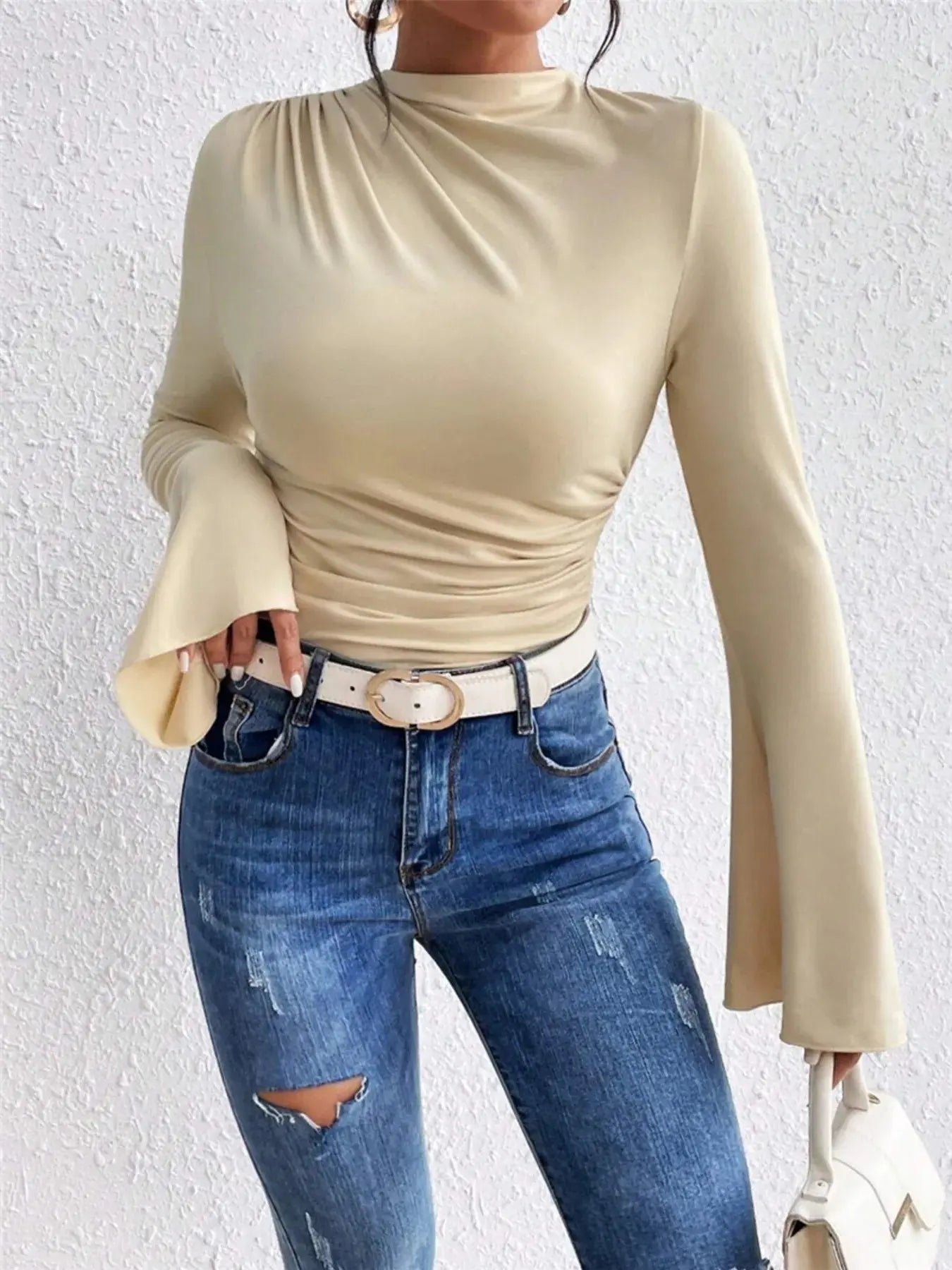 Bell Sleeve Fitted Ruched T Shirt with Mock Neck
