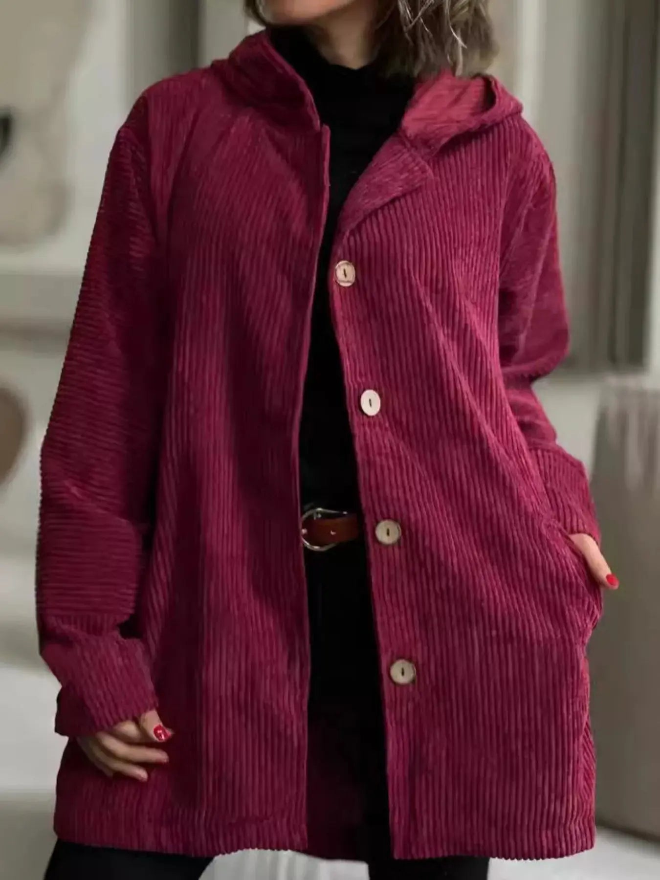 Full Size Corduroy Hooded Button Up Jacket