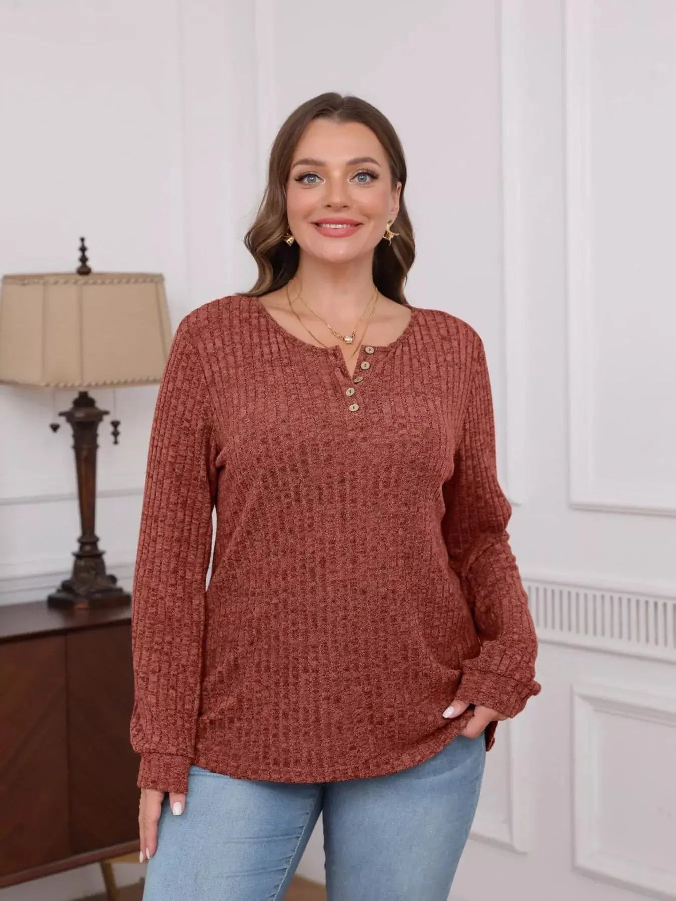 Ribbed Knit Button Front Long Sleeve T Shirt