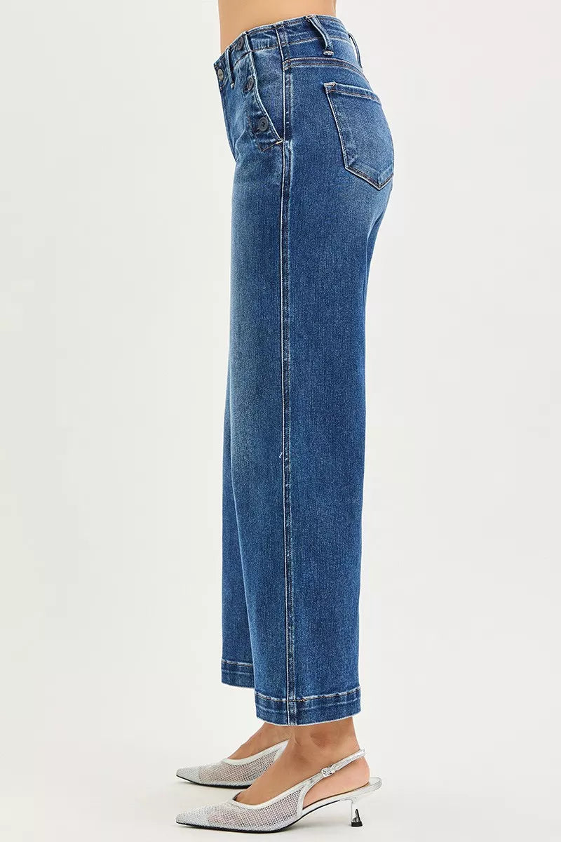 RISEN Jeans - High Rise Wide Leg Jeans With Pocket Button Detail