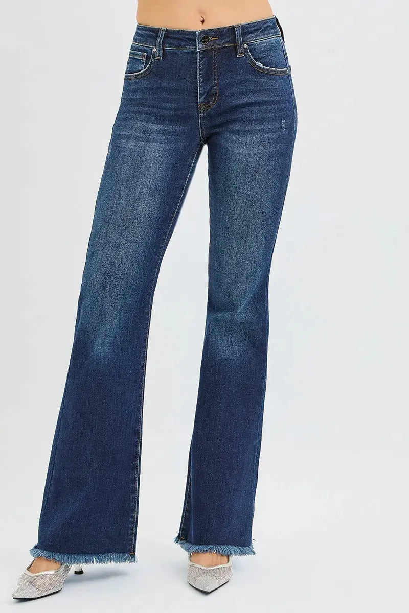 RISEN Jeans - Plus Size Tummy Control Mid Rise Flare Jeans with Raw Hem