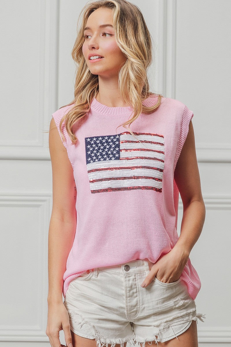 American Flag Sequins Patch Sleeveless Pink Knit Top