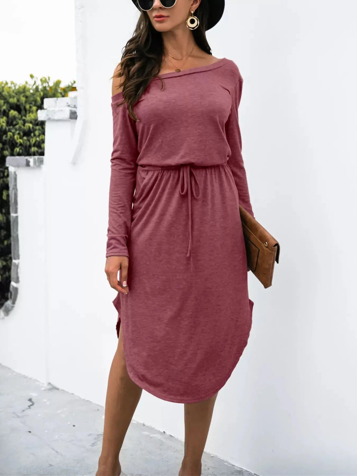 One Shoulder Long Sleeve Midi Dress with Drawstring Waist