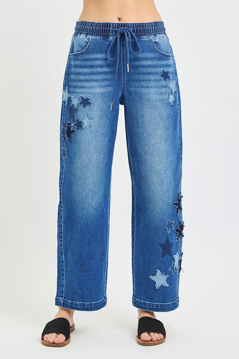 RISEN Elastic Band Slouchy Cropped Barrel Jeans with Star Patch