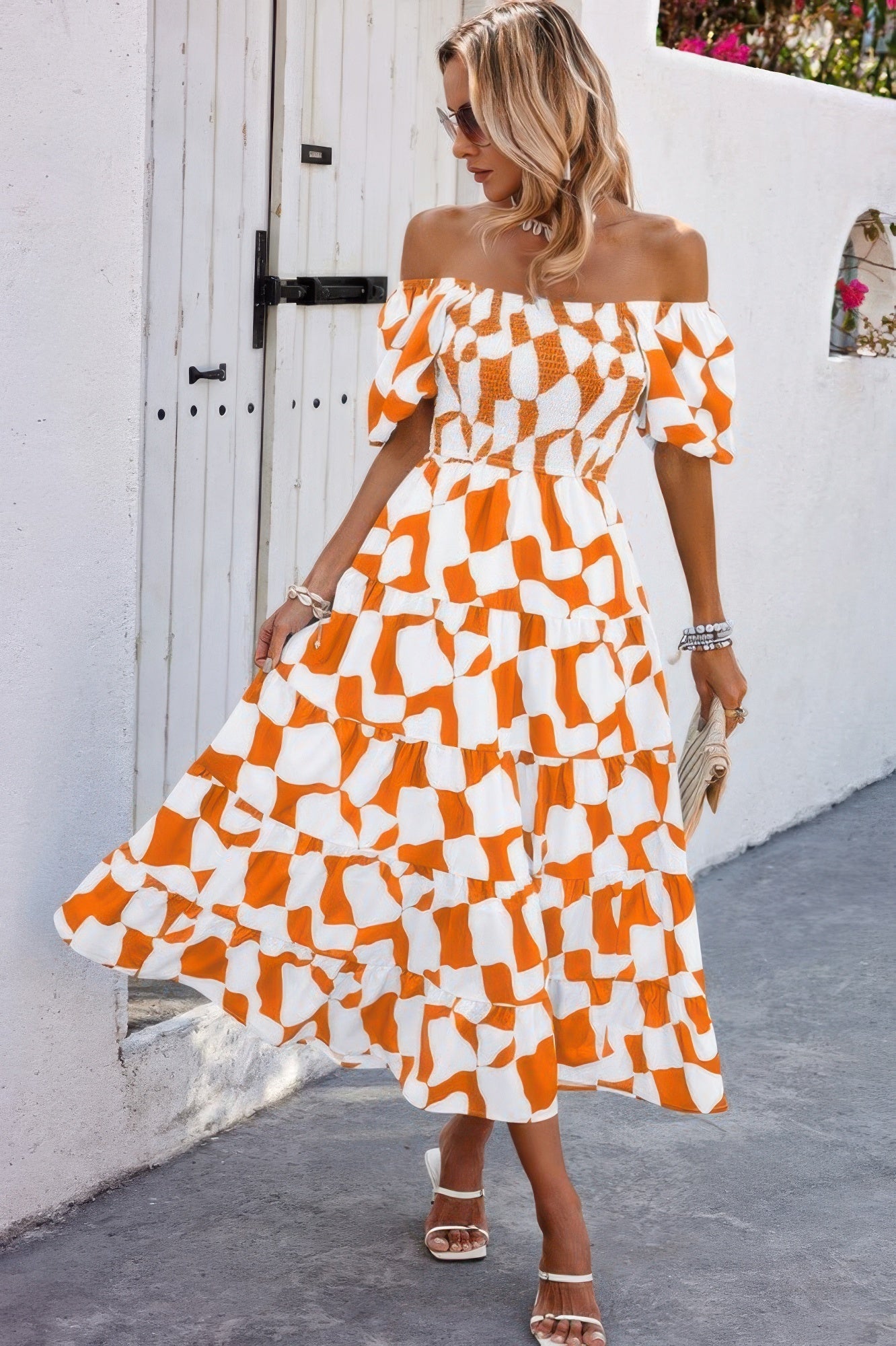 Allover Print Off Shoulder Ruched Ruffle Dress