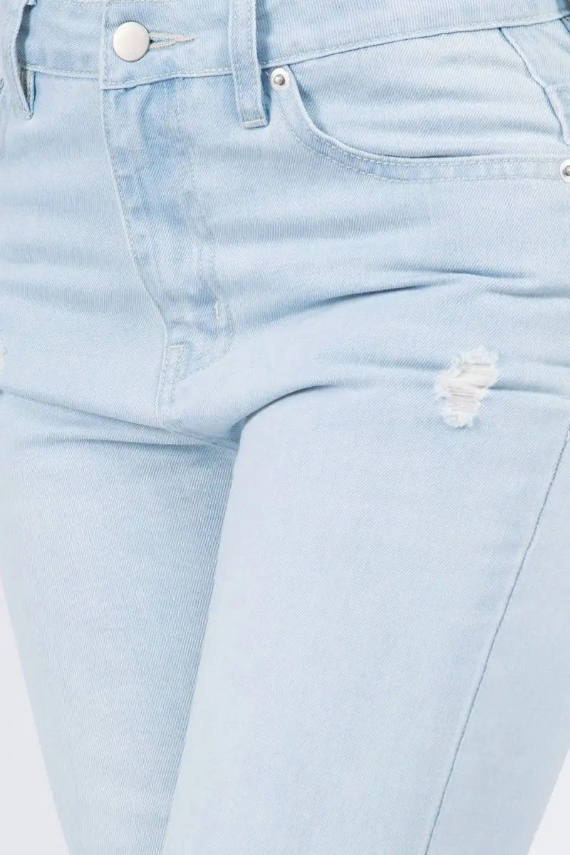Women's Jeans - High Waist Distressed Raw Hem - Denim