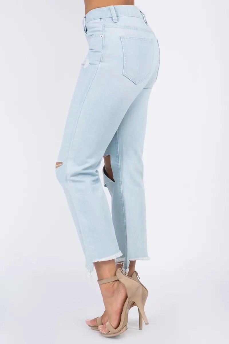 Women's Jeans - High Waist Distressed Raw Hem - Denim