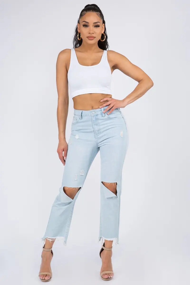 Women's Jeans - High Waist Distressed Raw Hem - Denim