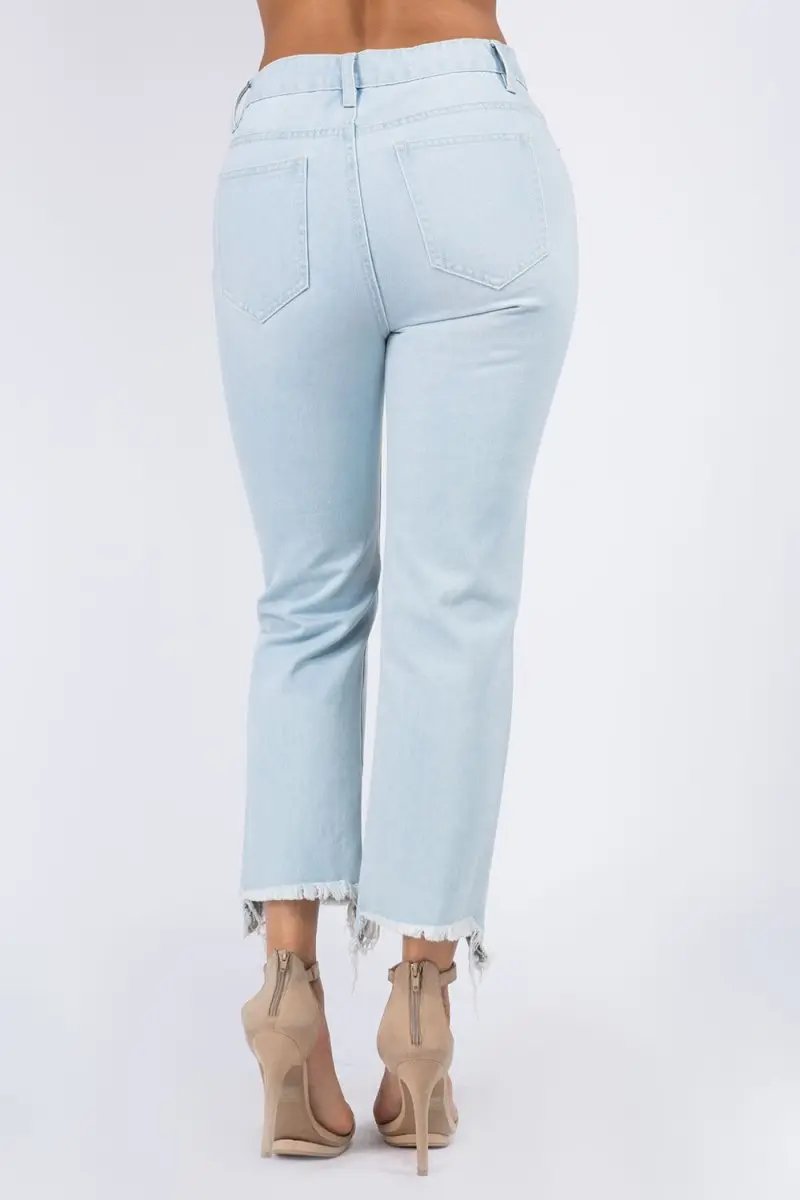 Women's Jeans - High Waist Distressed Raw Hem - Denim