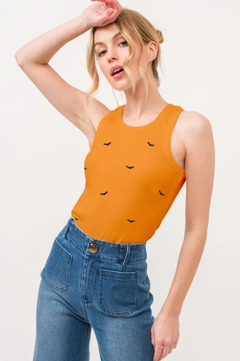 Tank Top - Bat Embroidered Ribbed - Women's Casual