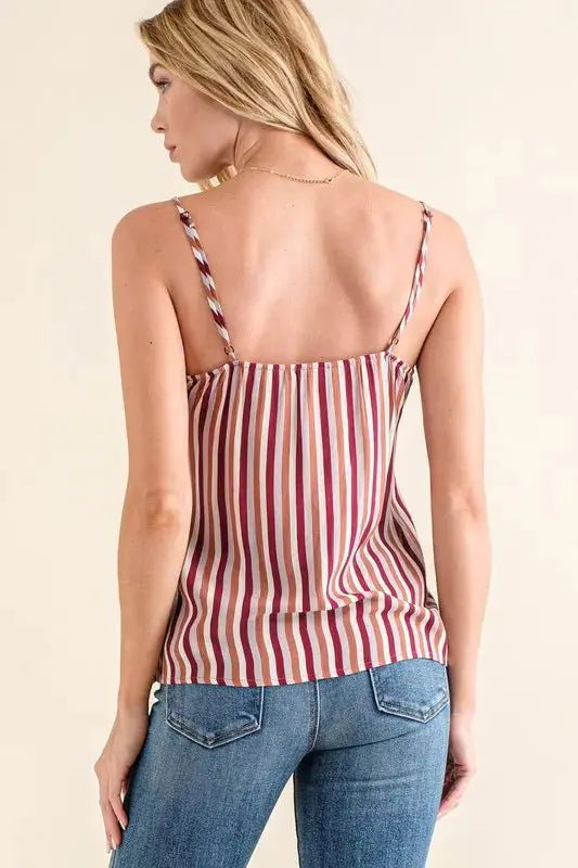 Cami Top - Stripe Print & Lace Detail - Sleeveless