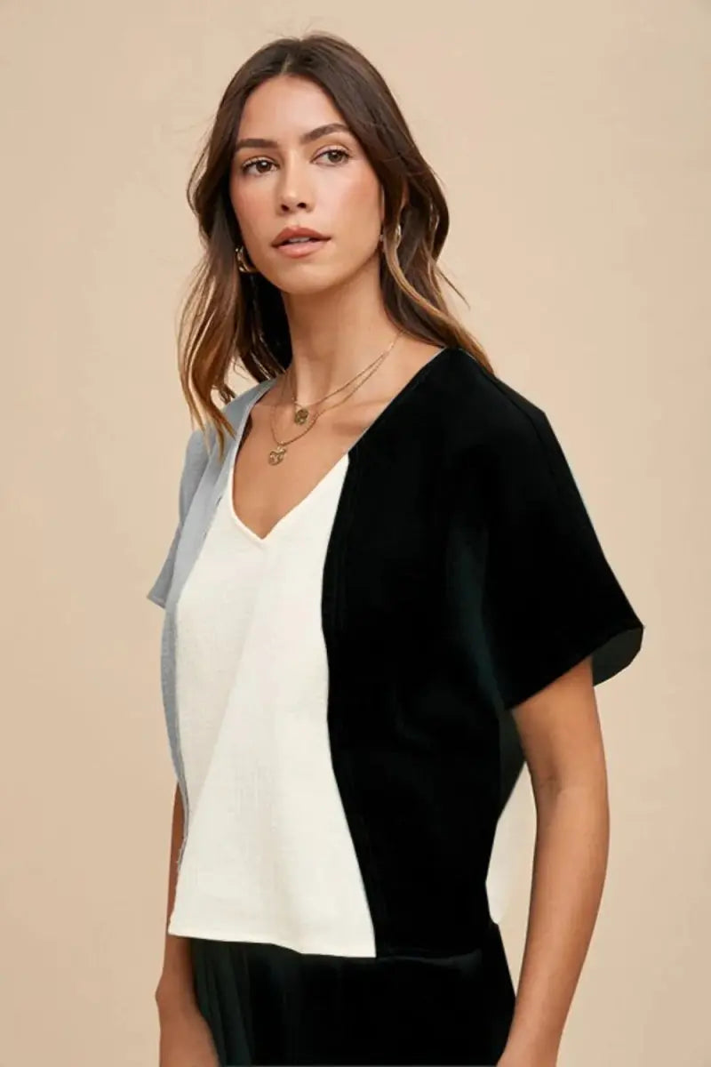 Shorts Trendsi Annie Wear Color Block Cotton Gauze V-Neck Top for