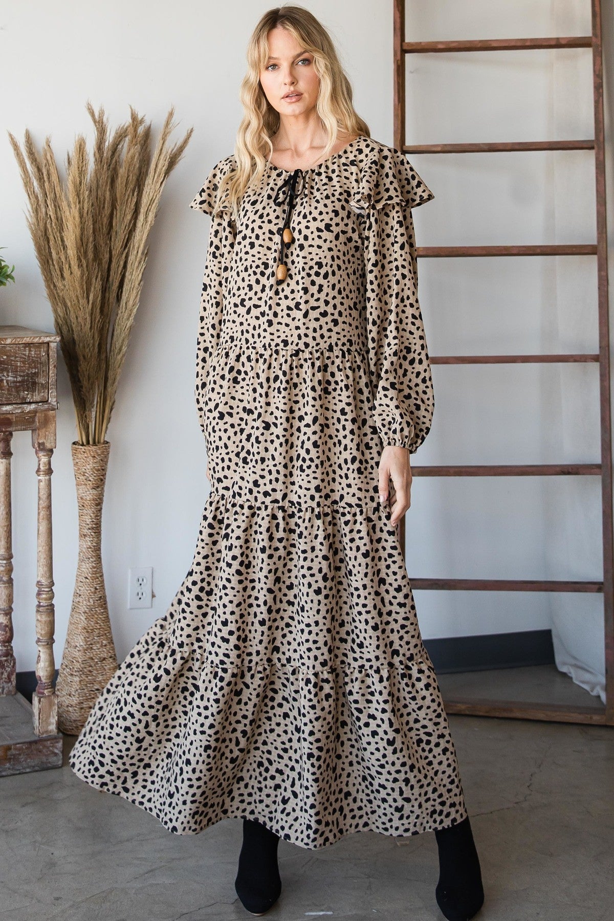 Bohemian Long Sleeve Maxi Dress in Black/Mocha